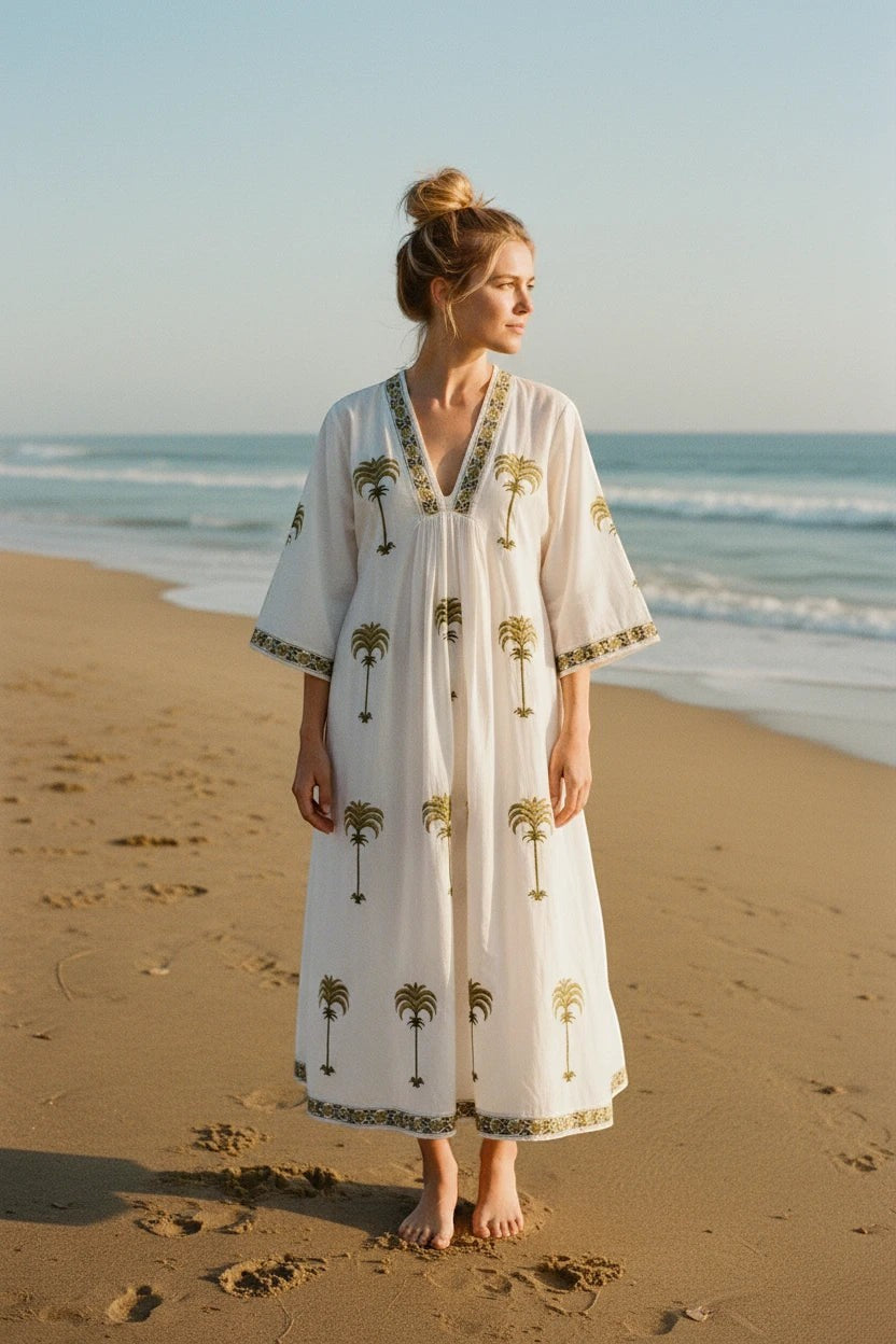 The House of Saffron white midi dress with olive green palm tree embroidery, V-neckline, and flowy fit on a beach.