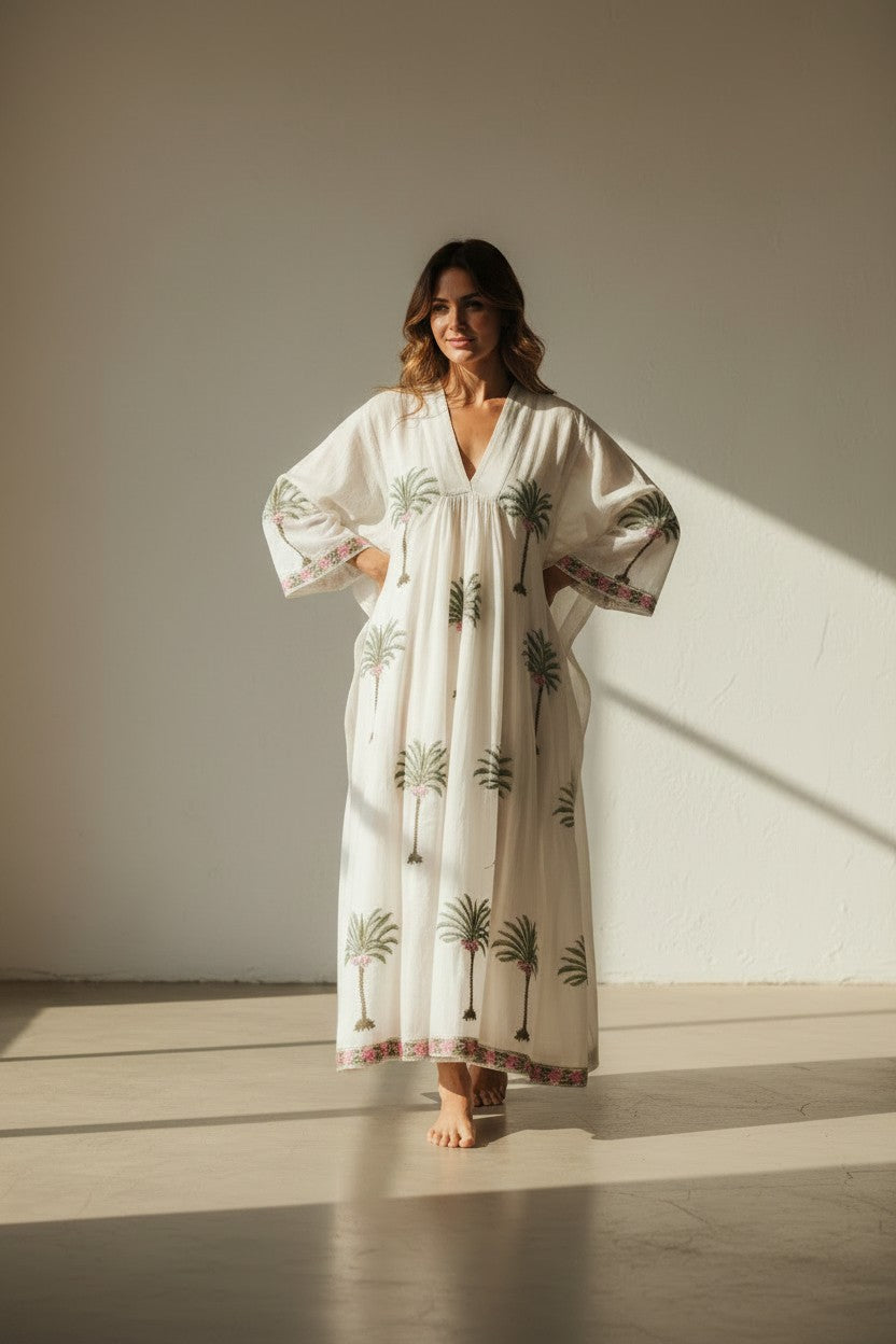 The Amalfi Palm - Handprinted Cotton Long Kaftan