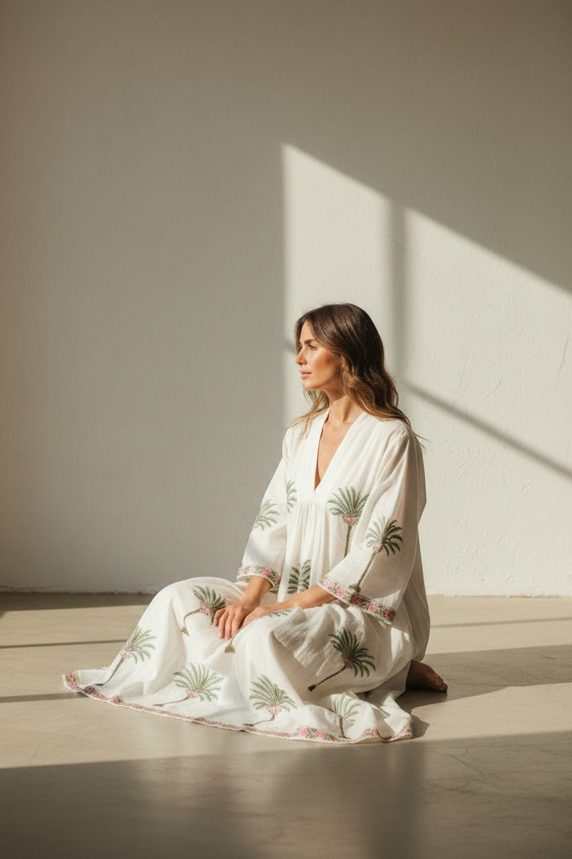 The Amalfi Palm - Handprinted Cotton Long Kaftan
