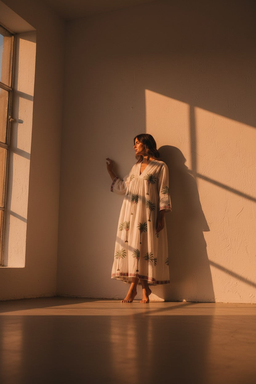 The Amalfi Palm - Handprinted Cotton Long Kaftan