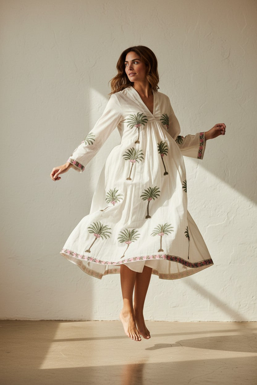 The Amalfi Palm - Handprinted Cotton Long Kaftan