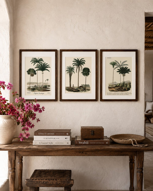 The House of Saffron set of three framed botanical palm prints in dark wood hanging above a rustic wooden console table.