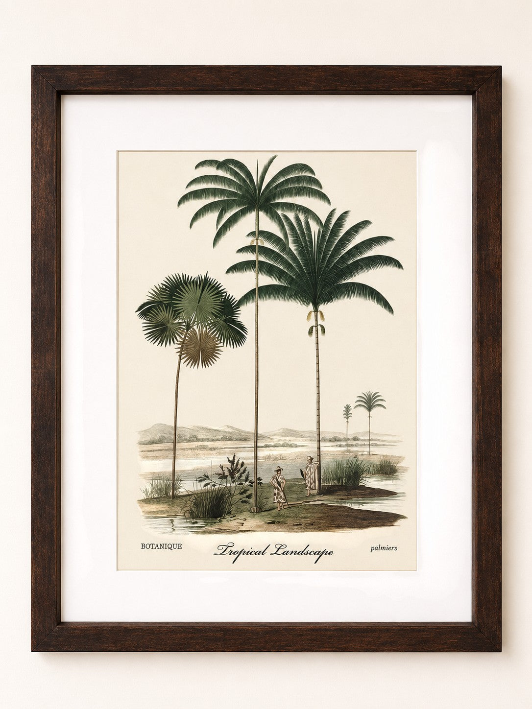 The House of Saffron botanical palm print in a dark wooden frame with glass, featuring a vintage tropical landscape.